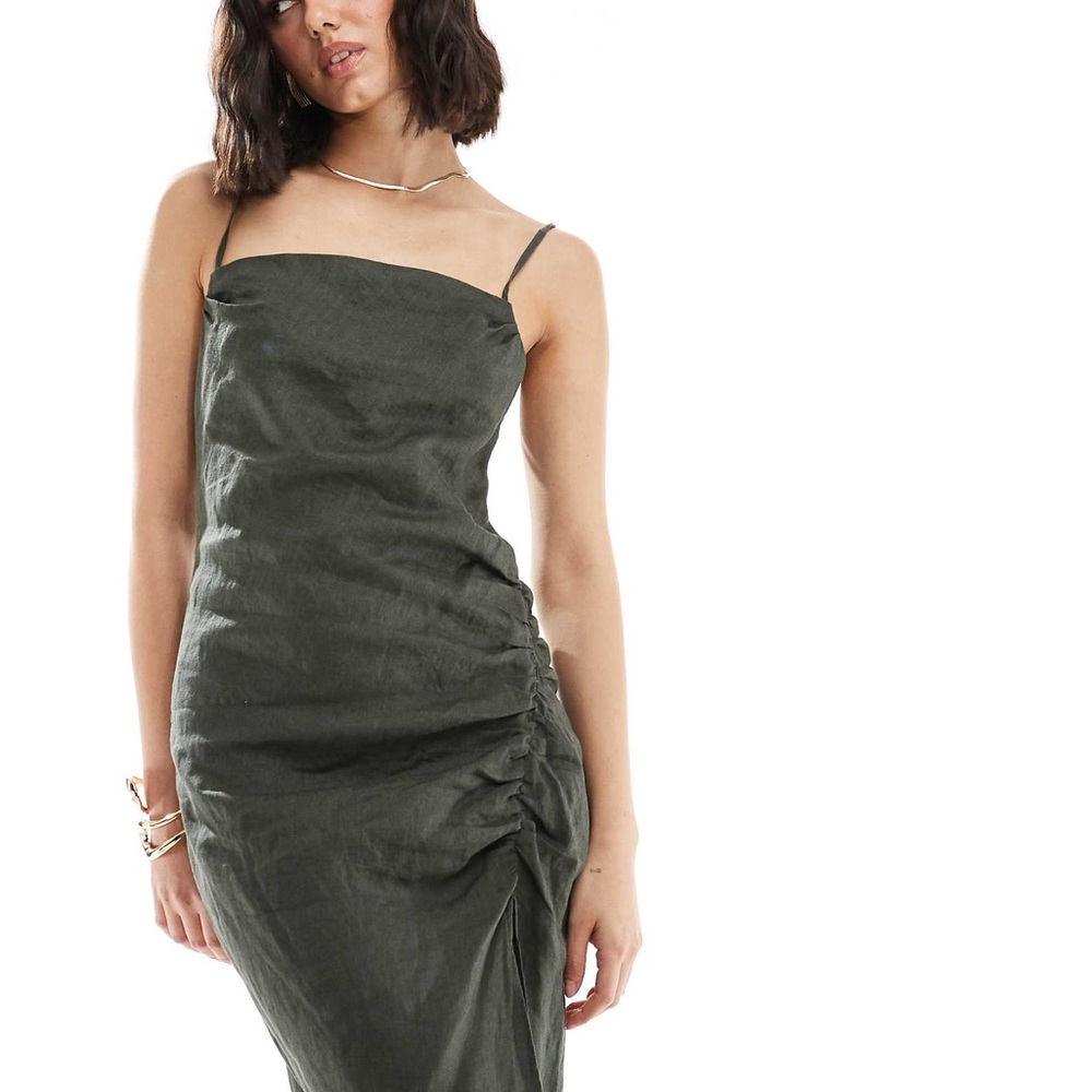 Mango linen ruched side cami midi dress in khaki